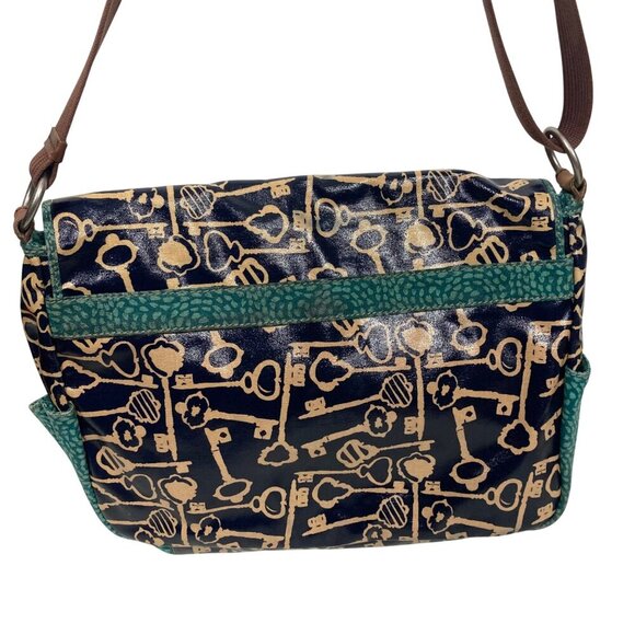 Fossil Key Per Coated Canvas Messenger Bag Blue Key Print Adjustable Strap - Picture 14 of 16